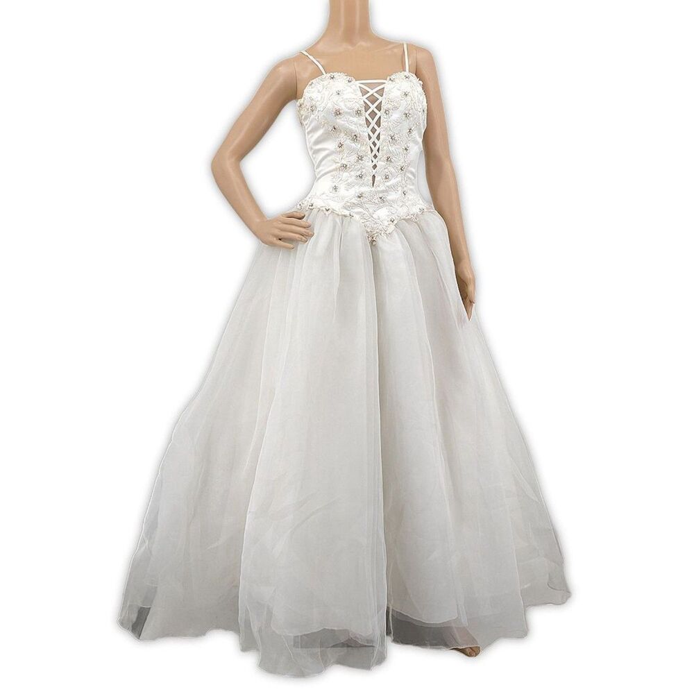 Vintage 1990s y2k Artemis Ballgown Prom Formal Ivory Beaded Princess Dress 8